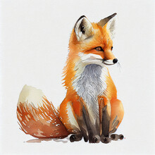 Watercolor Painting Of Cute Fox For Kid On White Background
