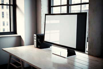 Canvas Print - Computer with a blank screen sitting on a wooden desk in a room with large windows. an angle. a mockup. Generative AI