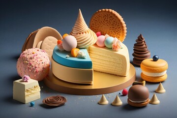 Sticker -  a variety of desserts and pastries on a blue surface with a blue background and a white cake with a slice cut out of it.  generative ai