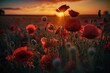  a field full of red flowers with the sun setting in the distance behind them and the sun setting in the distance behind the flowers,.  generative ai
