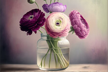  A Painting Of Flowers In A Glass Jar On A Wooden Table With A Purple Background And A Light Pink Wall In The Background With A White Border.  Generative Ai