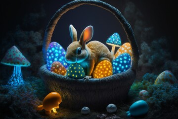 Easter bunny sitting in egg basket created with generative AI technology