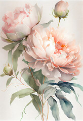 Wall Mural - Watercolor illustration light pink peony flower on a stem with buds. AI Generated