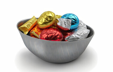 Poster - Candies in a bowl with vibrant wrappers, isolated on white. Generative AI