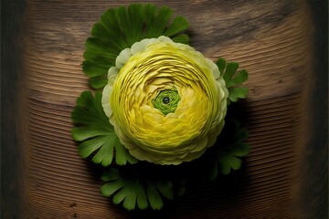 Sticker -  a large yellow flower with green leaves on a wooden surface with a green center in the center of the flower, with a green center in the middle of the center of the flower.  generative ai