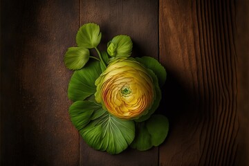 Sticker -  a yellow flower with green leaves on a wooden surface with a dark background and a wooden planked floor with a wooden planked wall.  generative ai