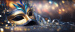 Carnival, Venetian Mask on a dark table, Masquerade Disguise Party, Shiny Gold Background Banner, Illustration generativ ai