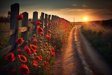  A Field Of Red Flowers Next To A Wooden Fence At Sunset With The Sun Setting In The Distance Behind The Fence And A Field Of Red Poppies In The Foreground.  Generative Ai