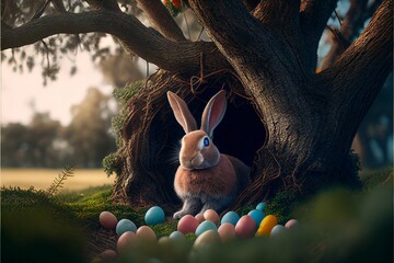 Wall Mural - Easter bunny, basket and eggs created with generative AI technology