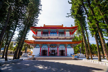 Wall Mural - Building view of Xuanzang Temple in Sun Moon Lake of Nantou, Taiwan. The structure is modeled after ancient halls and rooms of the Tang dynasty.