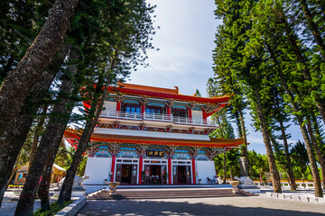 Wall Mural - Building view of Xuanzang Temple in Sun Moon Lake of Nantou, Taiwan. The structure is modeled after ancient halls and rooms of the Tang dynasty.