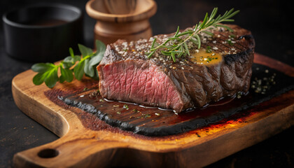 Grilled beef steak on wooden, juicy beef steak, cooked medium rare, with a charred exterior and a warm, pink center. garnished with a sprinkle of salt and cracked black pepper, and fragrant herbs.