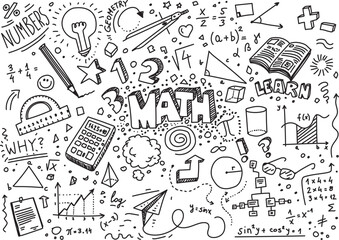 Set of doodles with math elements, hand drawn illustration