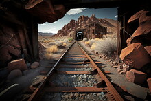 Old Rail Tracks To Abandoned Gold Mine On Desert Photo Wallpaper Generative AI 