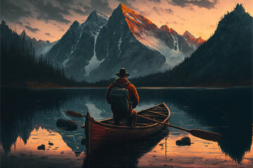  a painting of a man sitting in a boat on a lake with mountains in the background and a sunset in the sky behind him,.  generative ai