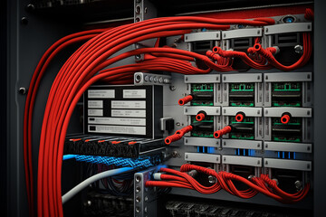 Network panel, switch and cable in data center, AI generated image