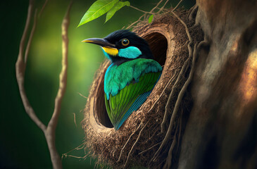 Sticker - A Long tailed Broadbill bird brings a tree branch into the forest of Thailand's Khao Yai National Park to build a nest. Generative AI