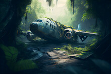 A Downed Plane In The Jungle With A Drone View. Generative AI.3