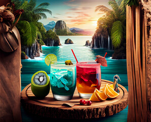 Poster - Two delicious exotic cocktails by a tropical lagoon with a waterfall, generative AI