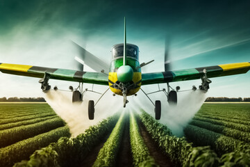 Green crop duster airplane aerially applies pesticide spraying on field. Crop Dusting. Agricultural aircraft crop dusting a farmers field. generative AI


