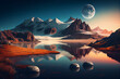 Fantasy landscape with mountains, lake and moon. Created with Generative AI technology
