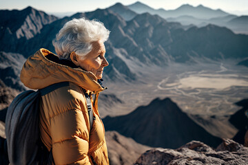 Active woman in mountains, hiking concept created with generative Ai technology