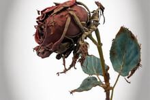 Sad Red Rose Dried And Aged With Time In Close-up And Detail For Romantic Background.