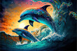 Beautiful ocean full of colors with dolphins, Generative AI