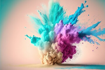 Poster -  a group of colored powder exploding into the air on a pink and blue background with a blue border around the top of the image and bottom half of the image.  generative ai