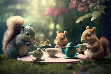 Sticker -  a group of chipmuns sitting around a table with tea cups and teapots on it, eating food from a teapot.  generative ai