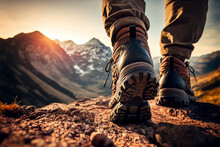Hiker Goes Against Sky And Sun. Hiking Concept Created With Generative Ai Technology