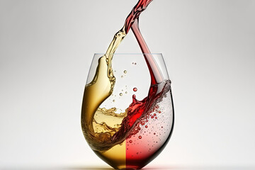  a glass of wine with red and white wine being poured into the wine glass with a red and white wine splashing out of it.  generative ai