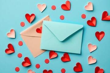 Sticker -  two envelopes with hearts on a blue background with confetti paper hearts around them and a blue envelope with a red envelope on a blue background.  generative ai