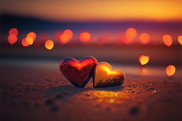 two heart shaped candies sitting on a beach at sunset with boke of lights in the background and a blurry sky in the foreground.  generative ai