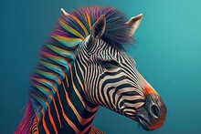  A Close Up Of A Zebra's Head With Multicolored Feathers On It's Head And A Blue Background With A Sky In The Background.  Generative Ai