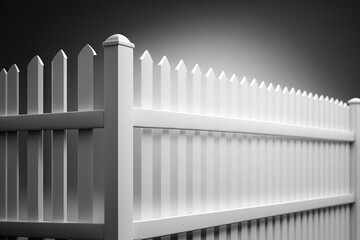  a white picket fence with a black and white photo of it's top and the bottom part of the fence showing the top part of the fence.  generative ai