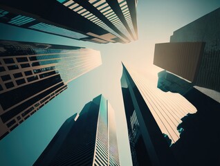 Sticker - Modern skyscrapers in the financial center, seen from the bottom, against a clear sky. looking up at downtown commercial structures. Generative AI