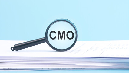 Poster - magnifying glass with CMO - Chief Marketing Officer, inscription on a blue background.