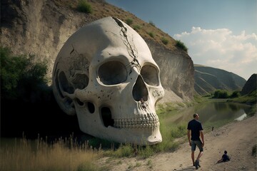 giant scull found on archeological site, concept of anthropology and archaeology, created with gener