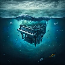Piano In The Middle Of The Ocean Instrumental Blue Water Dives, Sinks, Seabed Clouds  Music Sound Bass Volume Theater Opera Underwater Splash Lost Fish Rippling Aqua Plants Generativ AI
