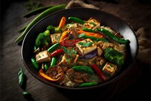 Vegetarian stir-fry with tofu and vegetables, concept of Healthy Eating and Plant-Based Diet, created with Generative AI technology