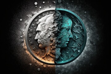 Two sides of a coin, concept of Duality and Balance, created with Generative AI technology