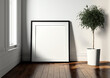 © AkuAku - Mockup of a square black frame leaning in a white interior with a hardwood floor. Generative AI