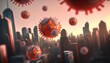 Coronaviruses floating over a city.  generative AI	