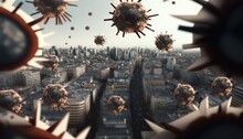 Coronaviruses Floating Over A City.  Generative AI	