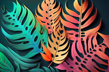 Wall Mural - Multicolored tropical leaves from colored paper, neon tropics background. AI