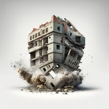 A Residential Building Being Demolished Through Controlled Explosives Isolated On A White Background, Generative Ai
