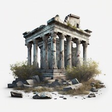 Historical Stone Ruins Of An Ancient Temple With Columns Isolated On A White Background, Generative Ai
