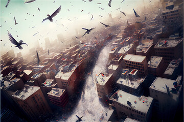 Wall Mural - Flock of migrating birds flying high, above a big city, generative AI