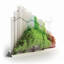 Corporate Social Environmental Responsibility Concept With Natural Landscape Trees, Bushes And Abstract Bar Chart Isolated On A White Background, Generative Ai